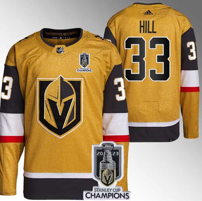 Mens Vegas Golden Knights #33 Adin Hill Gold 2023 Stanley Cup Champions Stitched Jersey
